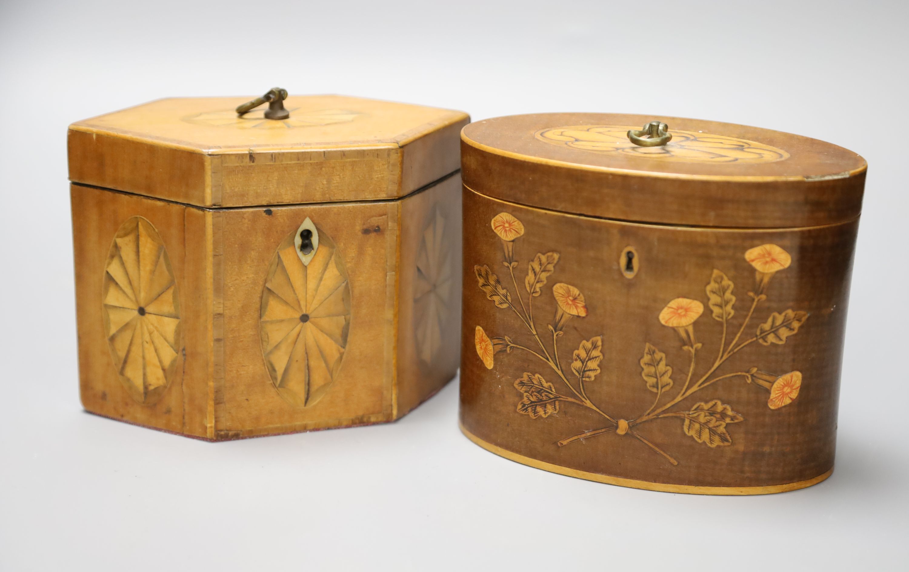 A George III oval marquetry tea caddy and a hexagonal caddy. tallest 11.5cm